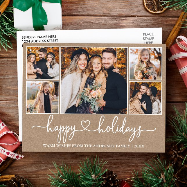 Postal Calligraphy Heart Happy Holidays Kraft 5 Photo (Customize to change your personalized text size or text style.)