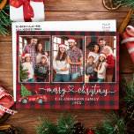 Postal Calligraphy Heart Plaid 3 Navidades de fotografía<br><div class="desc">Caligrafía moderna Corazón guión 3 Foto Collage de fotos Familia Búfalo Rojo Rústico Jugado Feliz Postales de Navidad - Watercolor Vintage Camión Rojo con Árbol de Navidad</div>