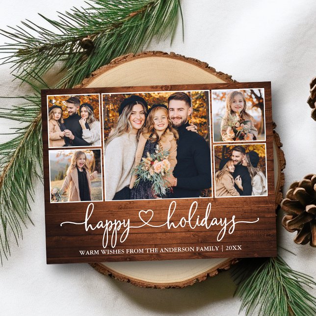Postal Calligraphy Heart Wood Happy Holidays 5 Photo (Customize to change your personalized text size or text style.)