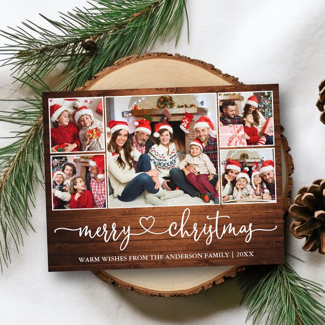 Postal Calligraphy Heart Wood Navidades 5 Photo Holiday (Customize to change your personalized text size or text style.)