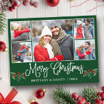 Postal Calligraphy Holly 5 Navidades de parejas de fotogr<br><div class="desc">Moderna caligrafía divertida guión 5 Collage de fotos de fotos de pareja Feliz postal navideña incluye Navidades de acuarela Holly Berries - fondo verde del bosque</div>
