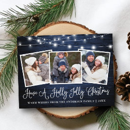 Postal Calligraphy Holly Jolly Navidades Blue Wood Lights