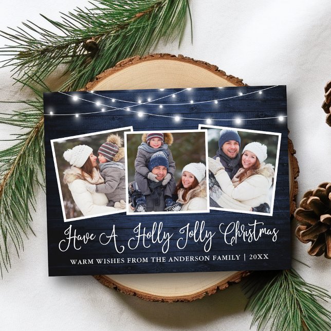 Postal Calligraphy Holly Jolly Navidades Blue Wood Lights (Customize to change your personalized text size or text style.)