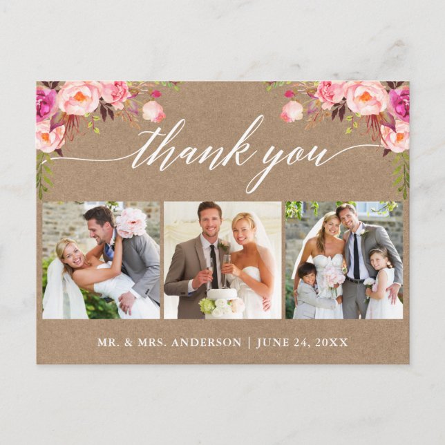Postal Calligraphy Pink Floral Boda Gracias Kraft (Anverso)