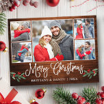 Postal Calligraphy Wood Holly 5 Navidades de parejas foto<br><div class="desc">Moderna caligrafía de diversión guión 5 Collage de fotos de fotos de pareja Feliz postal navideña incluye Navidades de acuarela Holly Berries - Rústico País Madera</div>