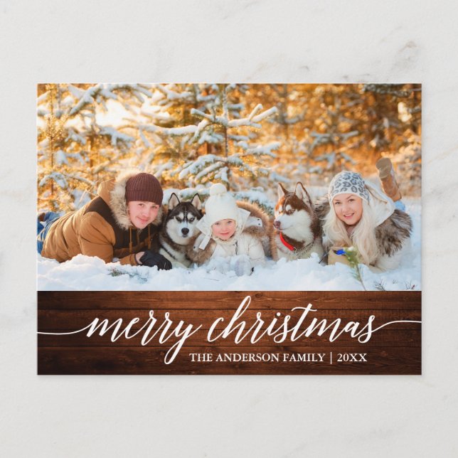 Postal Calligraphy Wood Merry Christmas Family Photo (Anverso)