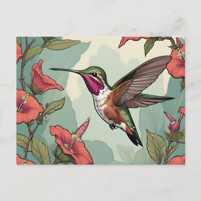 Postal Calliope Hummingbird en vuelo (Anverso)
