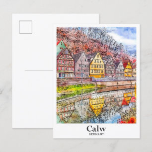 Postal Calw Alemania Arte Viaje Mano de agua de color