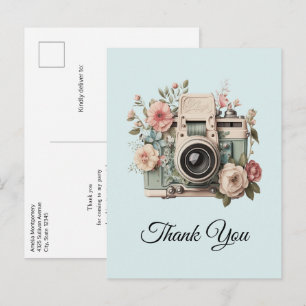 Postal Cámara con flores imagen retro pastel Gracias