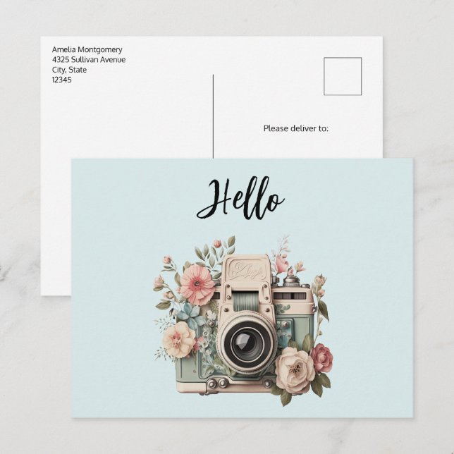 Postal Cámara con Flores Retro Pastel Hola (Anverso / Reverso)