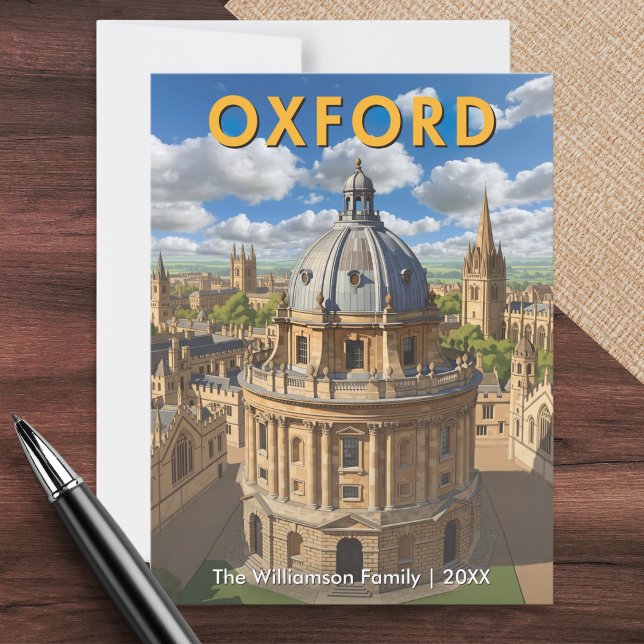 Postal Cámara de Radcliffe de Oxford personalizada (A personalized postcard featuring the city of Oxford, UK inspired by mid-century travel poster style)