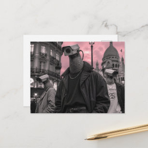 Postal cámara de vigilancia surrealista palomas rosa gris