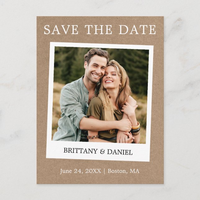 Postal Cámara Instantánea Estilo Foto Kraft Save The Date (Anverso)