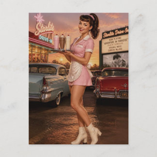 Postal Camarera de restaurante de comida rápida Pin-Up de