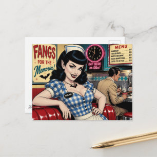 Postal camarera vampiro en una diner retro