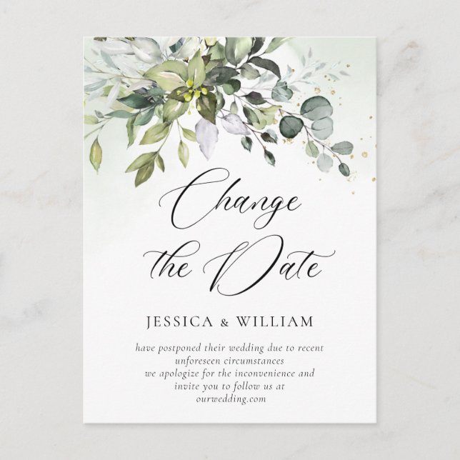 Postal Cambia la fecha elegante boda de eucalipto (Anverso)