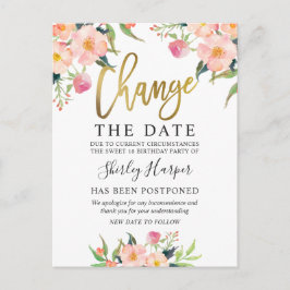 Postal Cambia La Fecha Rosa Floral Script Dorado