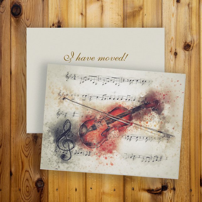 Postal Cambiar dirección acuarela Hoja de vídeo (Elegant violin/music change of address card)