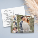 Postal Cambiar el Collage de fotos Fecha Boda pospuesto 4<br><div class="desc">Envíe esta postal elegante cuando tenga un cambio de planes de boda. Postcard incluye 4 de sus fotos favoritas y el texto de su personalizado en la parte delantera y trasera. Sencillo y divertido,  pero elegante y elegante - se coordina con gusto con muchos de los estilos bodas actuales.</div>