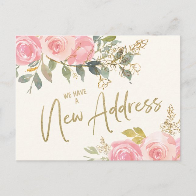 Postal Cambiar la dirección Elegante Rubor Pink Floral Go (Anverso)