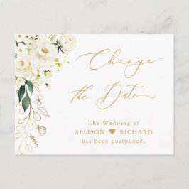 Postal Cambiar la Fecha Gold Script Floral Verde y Blanco