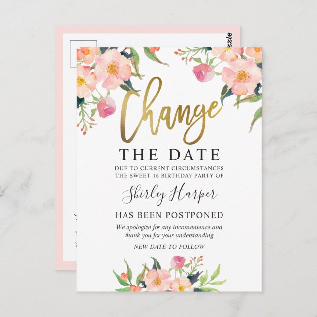 Postal Cambiar la fecha Pink Floral Gold Script (Anverso / Reverso)
