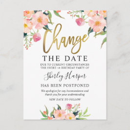 Postal Cambiar La Fecha Rosa Floral Script Dorado