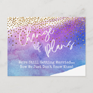 Postal Cambio de Boda pospuesto de Confetti y acuarela