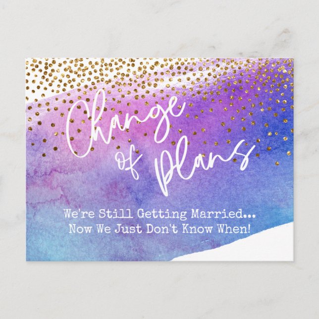 Postal Cambio de Boda pospuesto de Confetti y acuarela (Anverso)