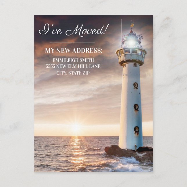 Postal Cambio de dirección Faro Faro Atardecer costero (Anverso)