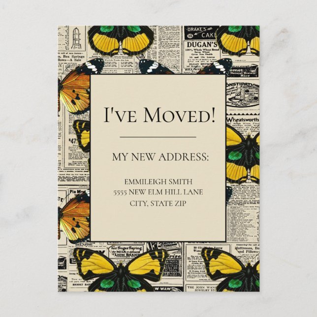 Postal Cambio de dirección Viejo Periódico de Mariposas (Anverso)