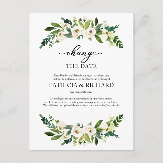 Postal Cambio de Fecha de Boda con Verdor Aplazamiento (Anverso)