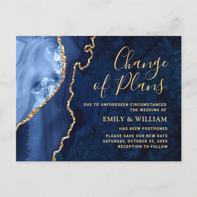 Postal Cambio de Fecha de Mármol Azul Dorado Moderno Posp (Anverso)