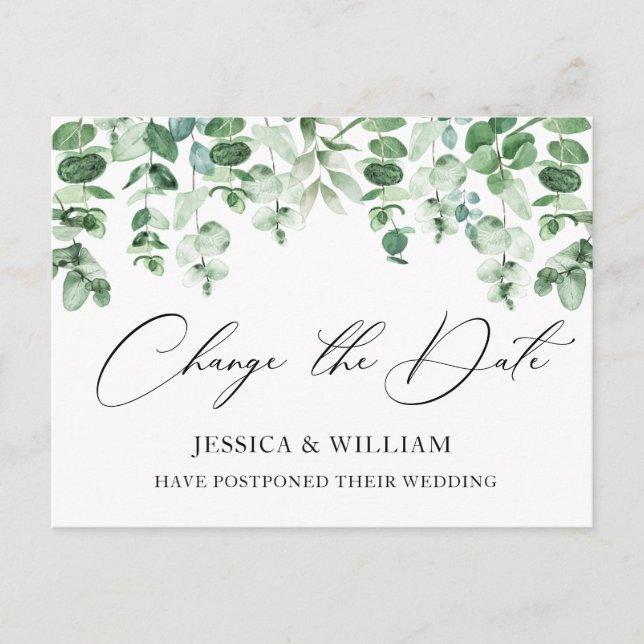 Postal Cambio de Fecha Elegante Boda de Eucalipto (Anverso)