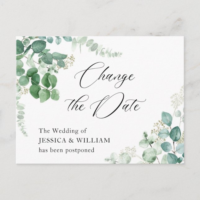 Postal Cambio de Fecha Elegante Boda de Eucalipto (Anverso)