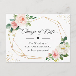 Postal Cambio de fecha elegante floral rosa con geometría