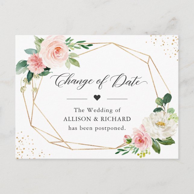 Postal Cambio de fecha elegante floral rosa con geometría (Anverso)