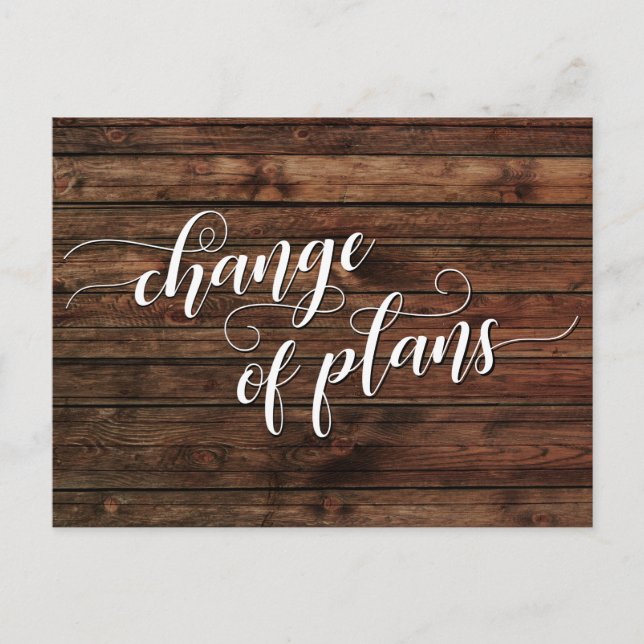 Postal Cambio de plan en madera rústica pospuesto Boda (Anverso)