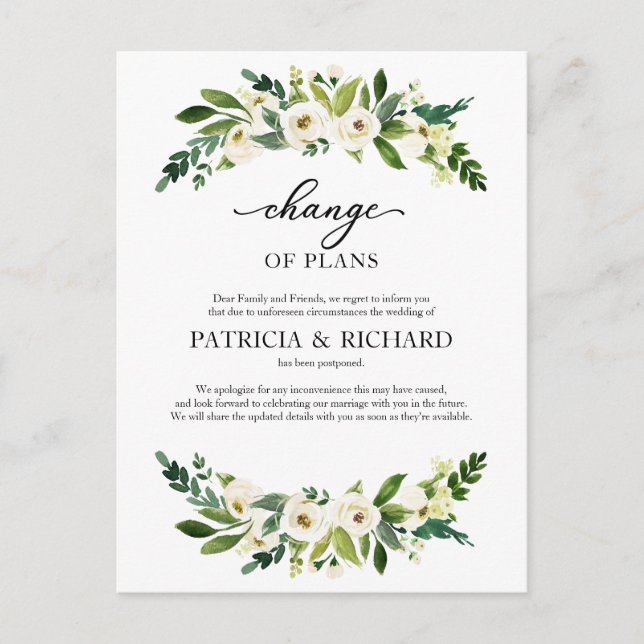 Postal Cambio De Planes Boda De Vegetación Aplazamiento (Anverso)