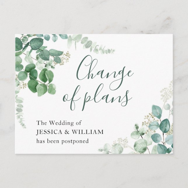 Postal Cambio de Planes Elegante Boda de Eucalipto (Anverso)