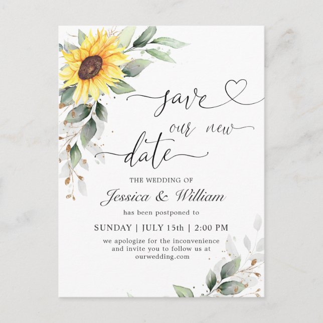 Postal Cambio de planes Elegantes Girasoles Florales Boda (Anverso)