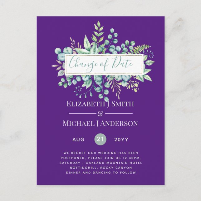 Postal Cambio de Planes Fecha Verenery Eucalyptus Evento (Anverso)