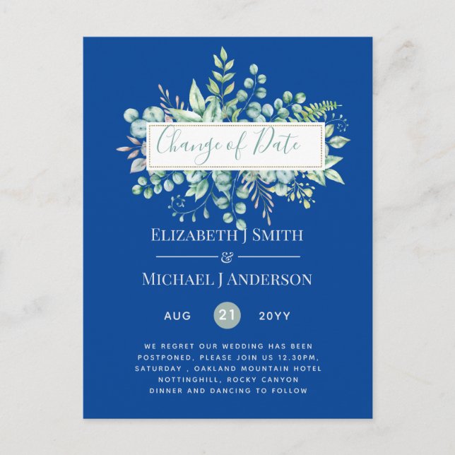 Postal Cambio de Planes Fecha Verenery Eucalyptus Evento (Anverso)