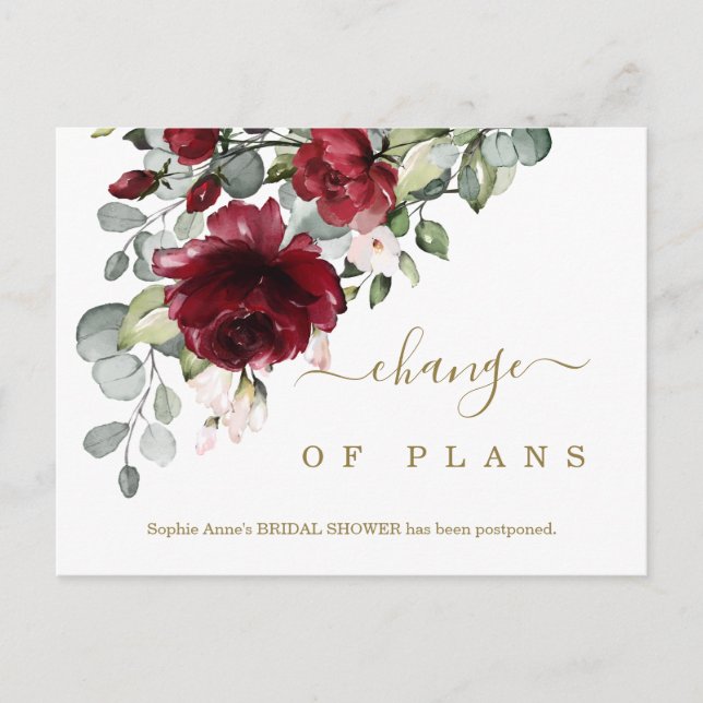 Postal Cambio de planes Flores de Borgoña Ducha Bridal (Anverso)