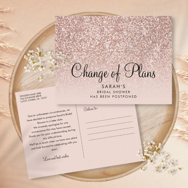 Postal Cambio de planes Rosa de ducha de novia Purpurina  (Change of Plans Bridal Shower Rose Gold Glitter Postcard)