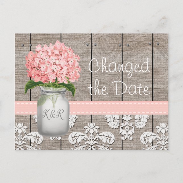 Postal Cambió la fecha Monograma Rosa Hydrangea Mason Jar (Anverso)