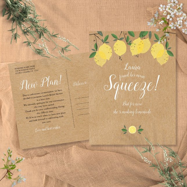 Postal Cambio Rústico de Fecha de Despedida de Soltera Po (Rustic Change of Date Bridal Shower Postponed Postcard)