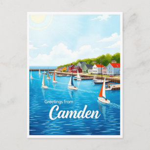 Postal Camden, Maine – Barcos de vela y puertos acuarela