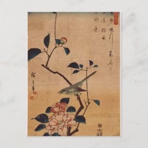 Postal Camellia y Bush Warbler por Hiroshige