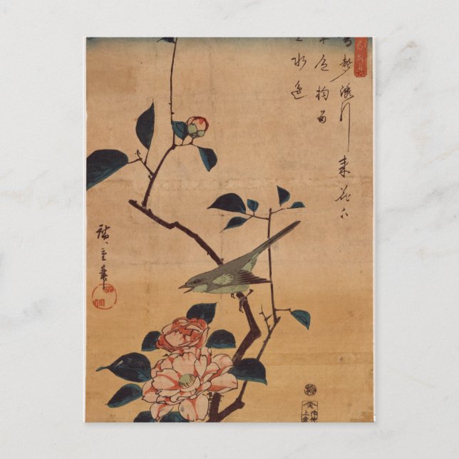Postal Camellia y Bush Warbler por Hiroshige (Anverso)
